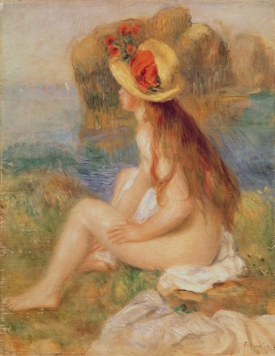 Bañista femenina sentada con sombrero de paja de Pierre Auguste Renoir